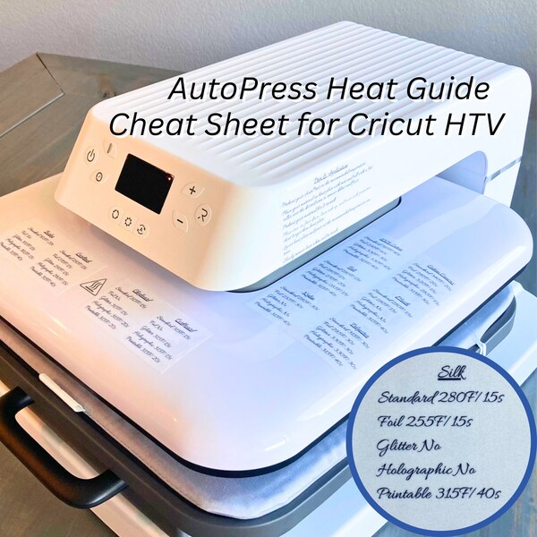 Auto Press Heat Guide Cheat Sheet Sticker, Beginners Guide for Cricut Temperature Settings, Material Iron on HTV Time Description