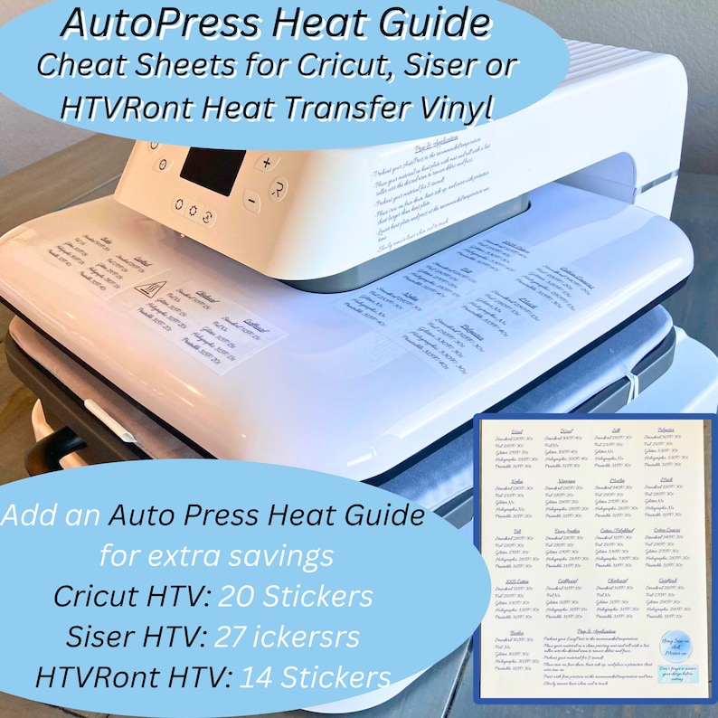 Peut inclure: Une presse &agrave; chaud blanche avec un &eacute;cran num&eacute;rique et un jeu de feuilles de triche pour le vinyle de transfert thermique. Les feuilles de triche sont &eacute;tiquet&eacute;es avec diff&eacute;rentes marques de vinyle, notamment Cricut, Siser et HTVRont. Le texte sur les feuilles de triche comprend les r&eacute;glages de temp&eacute;rature, de temps et de pression recommand&eacute;s pour chaque type de vinyle.