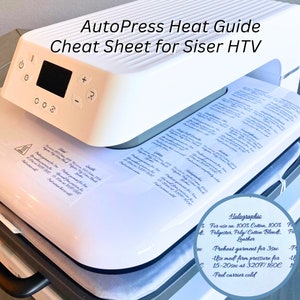 May include: A white heat press with a digital display and control panel. A sheet of paper with handwritten instructions for using different types of heat transfer vinyl (HTV) is placed on the heat press. The instructions include the brand name "Siser" and the type of HTV, such as "Holographic".