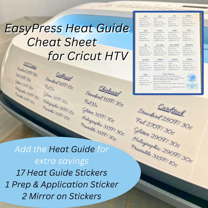Peut inclure: Gros plan sur une presse &agrave; chaud EasyPress blanche avec une base bleue. La presse &agrave; chaud est dot&eacute;e d'un autocollant qui indique "EasyPress Heat Guide Cheat Sheet for Cricut HTV". L'autocollant comprend &eacute;galement un tableau avec diff&eacute;rents types de mat&eacute;riaux et leurs r&eacute;glages de chaleur correspondants. Le tableau comprend les mat&eacute;riaux suivants&nbsp;: 100&nbsp;% coton, li&egrave;ge, contreplaqu&eacute; et carton. Le tableau comprend &eacute;galement les r&eacute;glages de chaleur suivants&nbsp;: Standard, Foil, Glitter, Holographic et Printable.