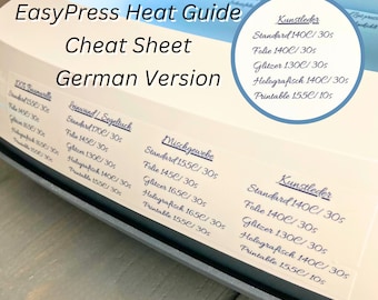 GERMAN Easy Press Heat Guide Cheat Sheet Sticker, Beginners Guide for Cricut Temperature Settings, Material Iron on HTV Time Description