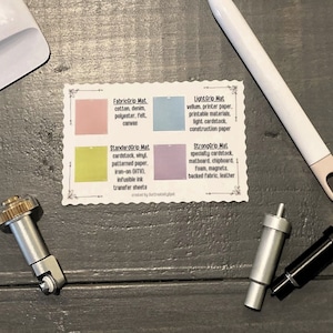 May include: A guide showing four coloured cutting mats: pink, blue, yellow, and purple. The guide lists materials compatible with each mat, such as cotton, vinyl, and cardstock. Cutting tools and a craft knife are also visible.