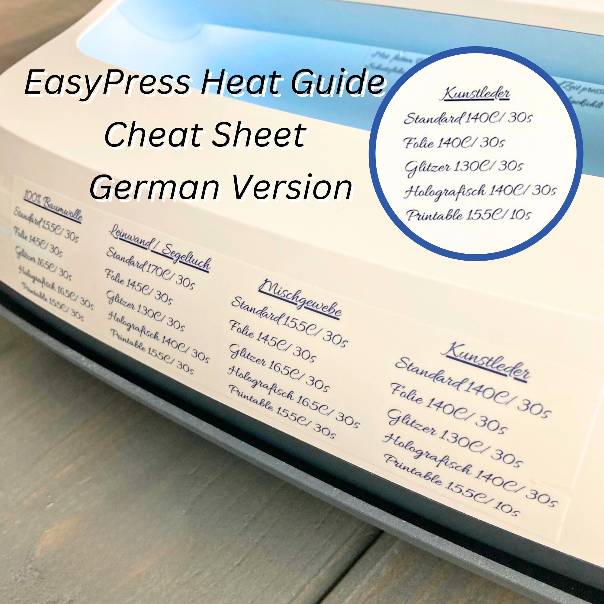 GERMAN Easy Press Heat Guide Cheat Sheet Sticker, Beginners Guide for