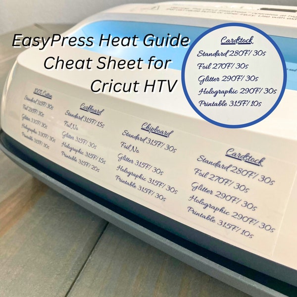 Etiqueta adhesiva de la hoja de trucos de la guía de calor de fácil prensa, guía para principiantes para los ajustes de temperatura de Cricut, descripción del tiempo de hierro en HTV del material