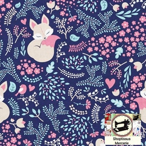 100% Premium Cotton Fabric with Fox print, Navy Blue background, 160 cm wide (Width) Oeko-tex certified
