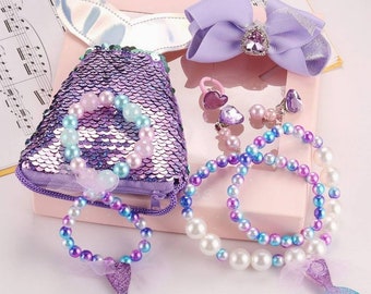 Pack 7pcs Jewelry Girl Kits Set Cute Sequin Mermaid Handbag Bracelet Ring Earrings Hair Clamps Gift Idea Girl