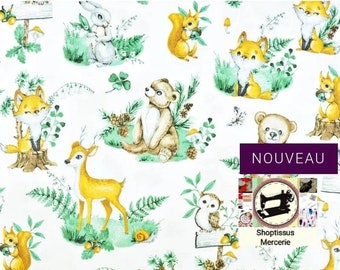 100% cotton fabric, Animal motifs in the forest by 50cm and 2 widths to choose from 80cm or 160 cm. Free delivery.