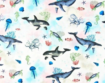 Cotton fabric, printed Whales and Orcas in the colorful ocean. From 50cm, 2 widths to choose from (80cm or 160cm). Free shipping