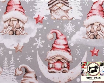 Cotton Christmas fabric, Christmas elves, Gnomes, Light Gray Red, from 50cm, Width 160cm