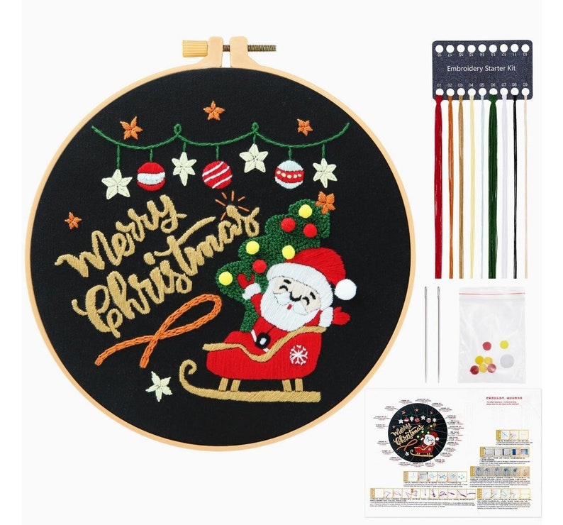 Kit de Broderie complet spécial Noël DIY Broderie fil, Patron et Instructions pour Débutants, Père Noël idée déco cadeau.livraison offerte image 2