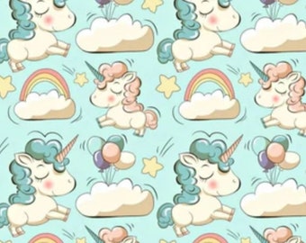 Unicorn pattern cotton fabric from 50cm and 2 widths to choose from 80cm or 160cm certified oeko Tex Free delivery with no minimum purchase