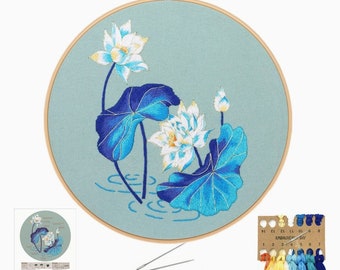 Complete Orchid Embroidery Kit Drum + thread + Pattern + fabric + Needles and Instructions for Beginners, DIY gift idea. Free delivery