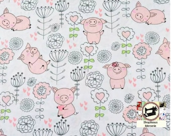 Cotton fabric baby pattern Cute pork, Flowery, from 50cm and 2 widths 60cm or 160cm to choose certified oeko Tex.Free delivery