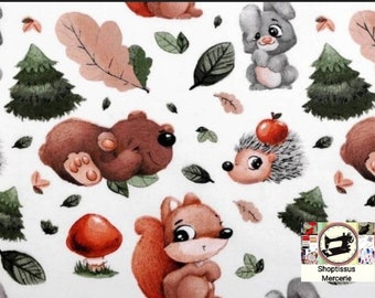 Cotton fabric, "forest animals" pattern, 160cm width Oeko Tex certified.