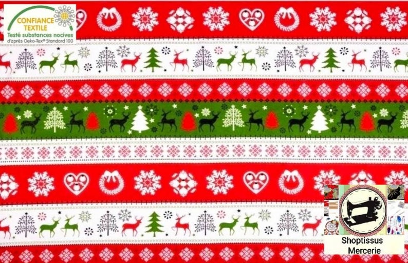 Tissu coton,serfs,spécial Noël couleur blanc vert rouge,à partir de 50cm Largeur 160cm de laize . Certifié oeko Tex. image 1
