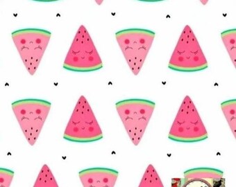 Cotton fabric, Cute pink watermelon on a white background. Per 50 cm, width 160 cm