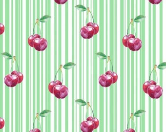 100% Cotton Fabric with Green Striped Cherry Print by 50 cm Width 160cm (width) Oeko-tex certified