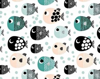 Cotton fabric, Fish print, Mint Apricot color, White background.From 50cm, 2 widths to choose from (80cm or 160cm).Free delivery