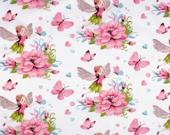 Cotton fabric, Pattern "Fairy, Butterflies", pink white color, from 50cm, 2 widths to choose from (80cm or 160cm width).