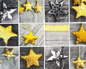 Christmas patchwork pattern with yellow stars on gray panel, from 50cm, 2 widths to choose from (80cm or 160cm). Free delivery.