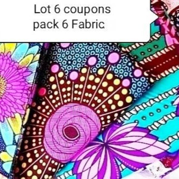 Lot of 6 fabric coupons of 50cm/50cm, Shades of turquoise purple, married colors and patterns.