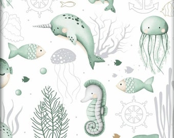 Printed cotton fabric Ocean Aquatic Animals Mint color, White background.From 50cm, 2 widths (80cm or 160cm).Free delivery