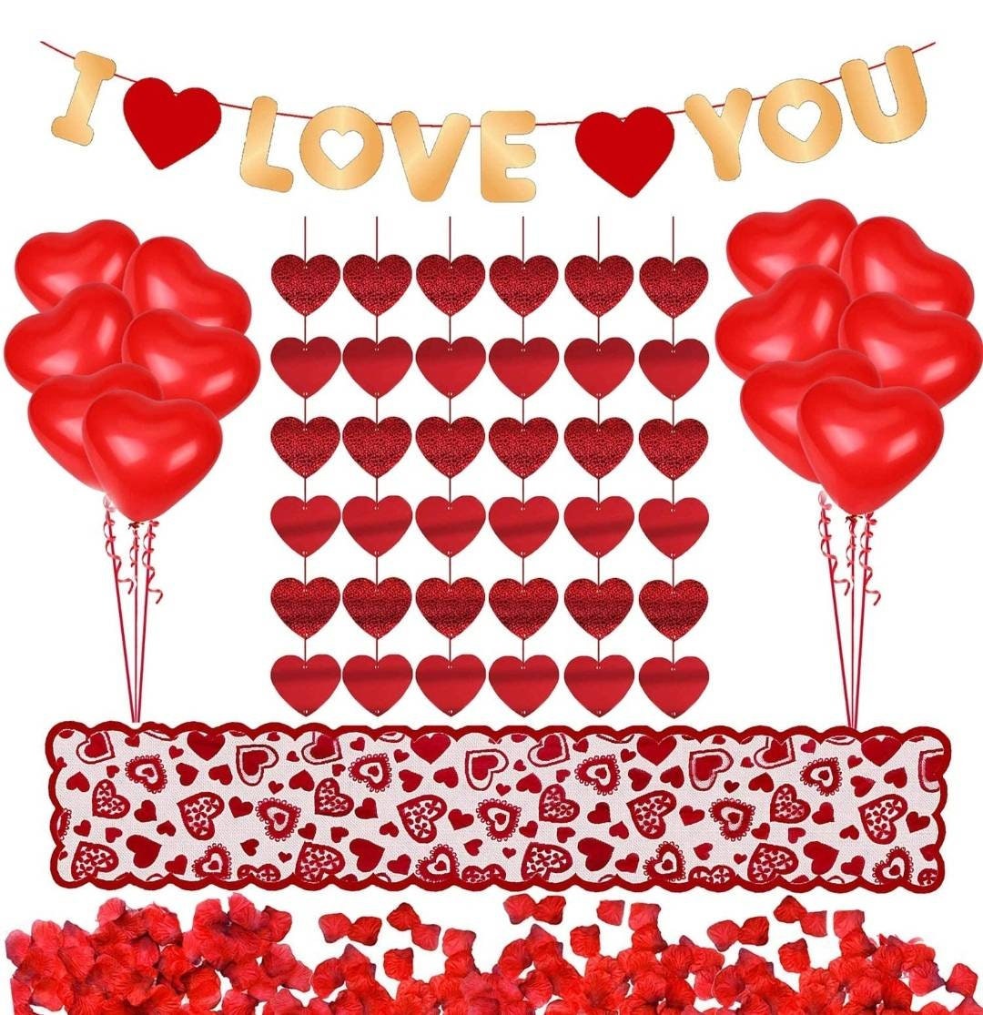 Kit Décorations Saint-Valentin 1000 Pièces Pétales de Rose Rouge Coeurs Ballons Guirlande Je T'aime,