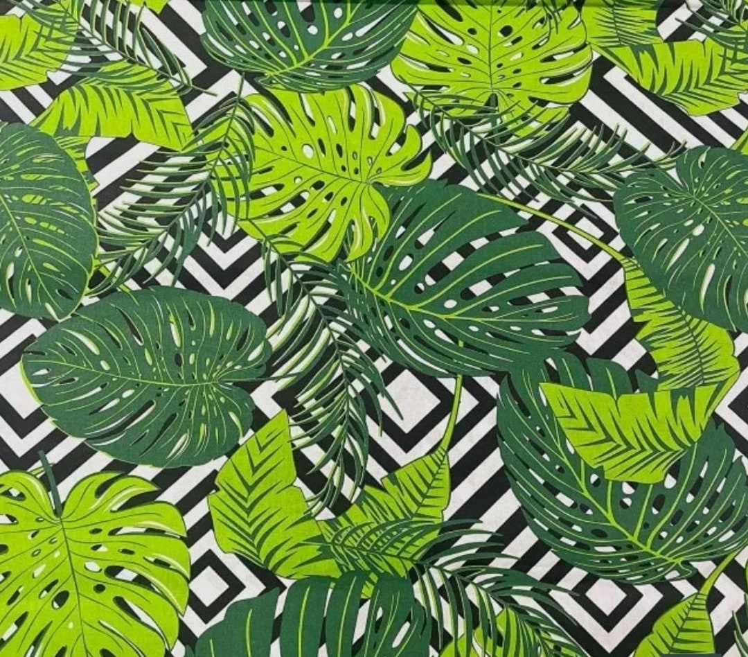 Cotton Fabric Jungle Monstera Print on a Zigzag Pattern From Etsy