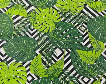Cotton fabric, Jungle Monstera print on a zigzag pattern from 50cm, 2 widths to choose from (80cm or 160cm wide). certificate