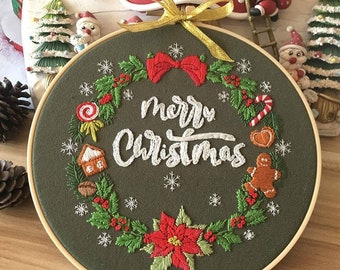 Complete Embroidery Kit special Christmas DIY Circle Embroidery thread, Pattern and Instructions for Beginners, gift decoration idea. Free delivery