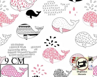 Cotton fabric, Whale print, white background.From 50cm, 2 widths to choose (80cm or 160cm). Free shipping