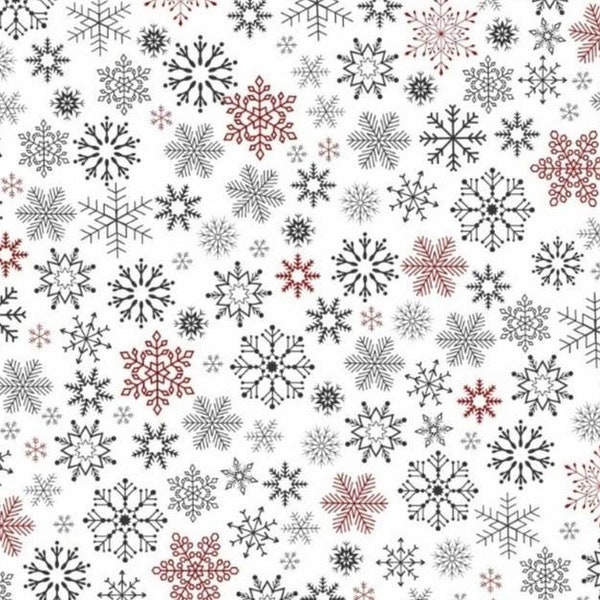 Tissu de Noël en coton, Flocons de Neige Fond Blanc,à partir de 50cm, Largeurs 160cm