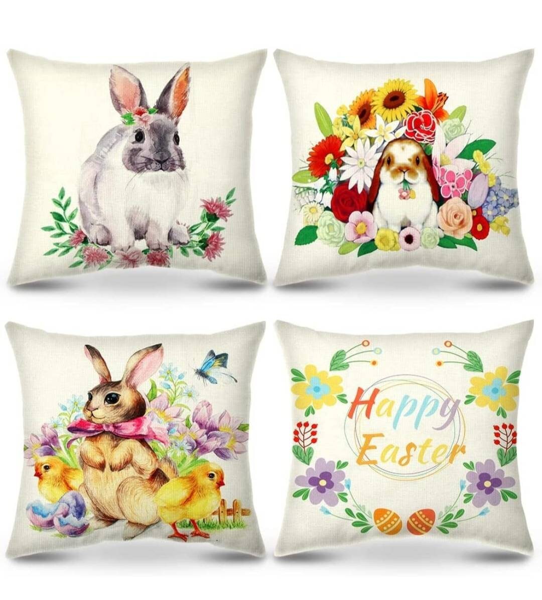 Pack 4 Housses de Coussin en Lin | 45/45cmDéco Printemps Pâque Extérieur et Intérieur Taie d'oreille