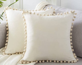 Lot 2 Cushion Covers Size of your choice (40x40),(45/45) (30/50) (50/50) in Velvet Cream White with Pompoms Free shipping