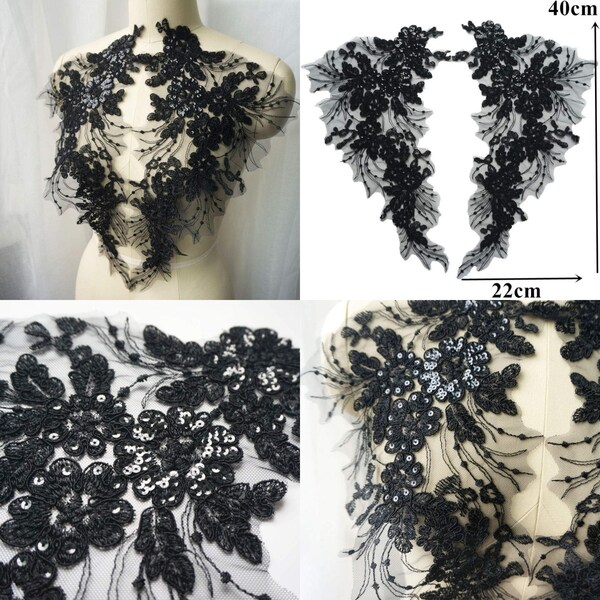 Empiècement en dentelle brodée 3D - Noire Encolure en dentelle brodée -strass - Bordure en tulle -Applique florale-Enclure Robe Mariée