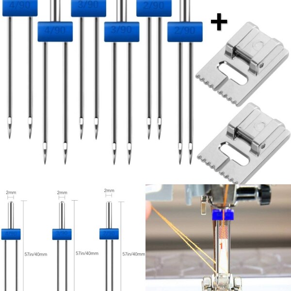 Pack 6pcs Double Aiguille Avec 2pcs Pied Presseur Plissé Pour Machine à Coudre (3 Tailles:2/90,3/90 4/90).