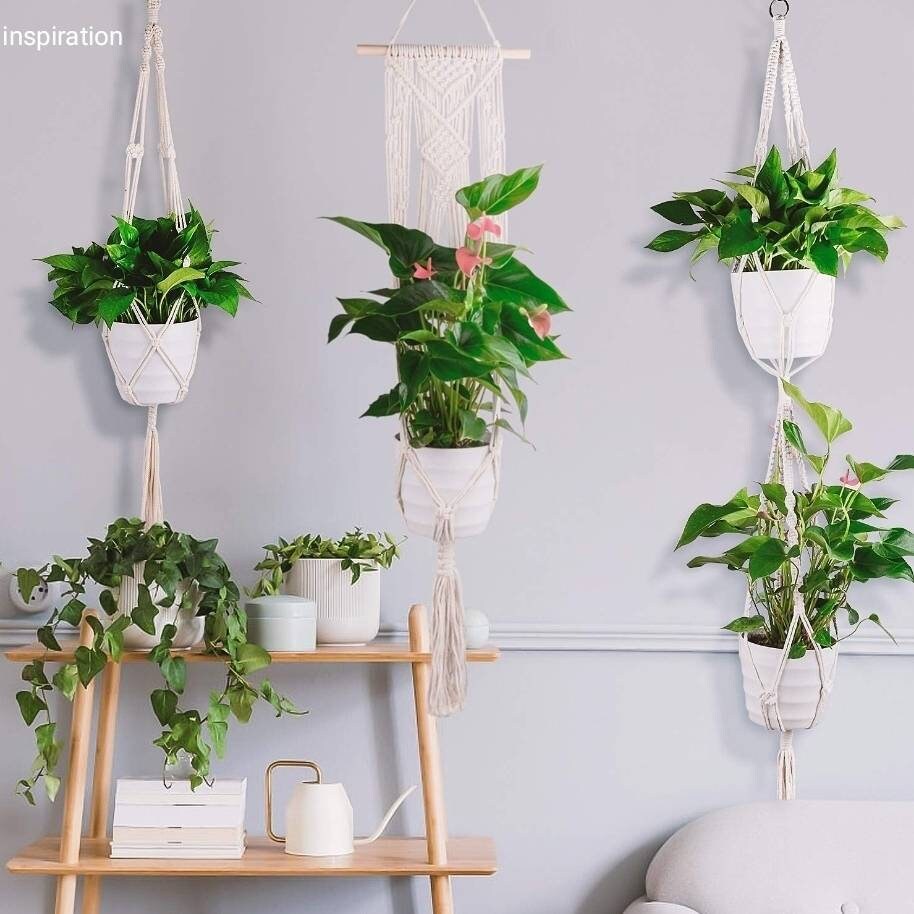 Lot 4 Suspensions Macramé Plante Corde de Coton Pot Suspendu Fleurs Porte Cintre Intérieur Extérieur