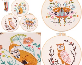 Complete Embroidery Kits Owls, Butterfly Pattern, DIY Circle Embroidery Thread, Pattern and Instructions for Beginners, Gift Idea. Free Delivery