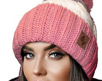 Beanies Cap Filled Winter Women's Handmade Knitted Beanie with a Big Pompom Color One Size Fleece Lining Comfortable