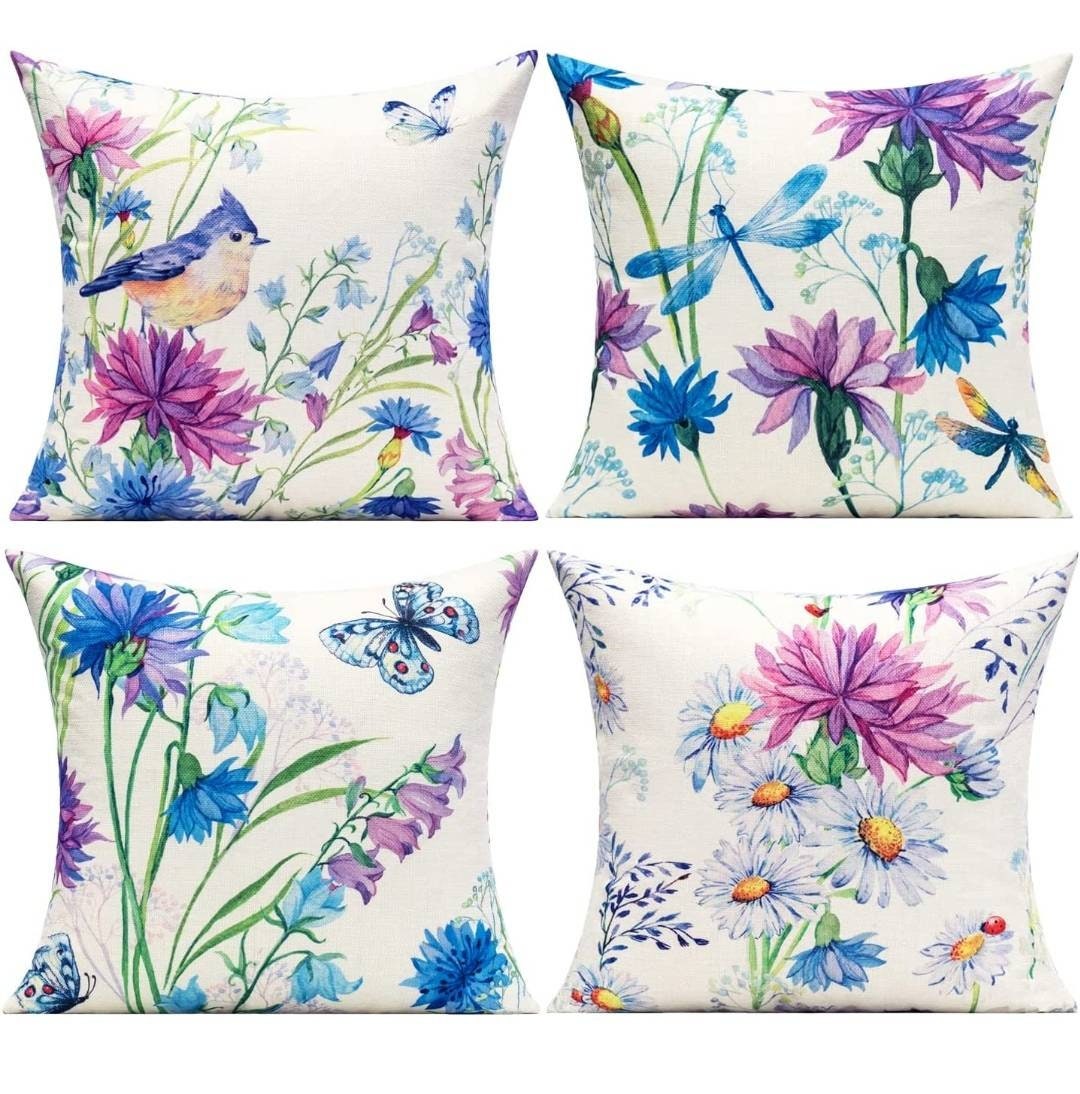 Pack 4 Housses de Coussin | 45/45cmDéco Printemps Papillon Libellule Extérieur et Intérieur Taie d'o