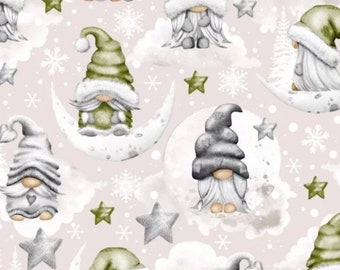 Cotton Christmas fabric, Christmas elves, Gnomes, Light gray green, from 50cm, 2 widths to choose from (80cm or 160cm). Free delivery.