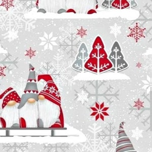 Cotton Christmas fabric, elves, Gnomes, Reindeers, Light gray. Red, from 50cm, 2 widths to choose from (80cm or 160cm). Free delivery.