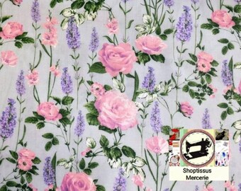 Cotton fabric, Lavandin pattern, gray background, From 50cm, 2 widths to choose from (80cm or 160cm). Free delivery