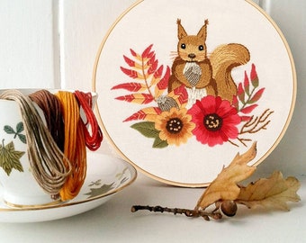 Complete Embroidery Kit Squirrel Pattern DIY Circle Embroidery Thread, Pattern and Instructions for Beginners, Gift Idea. Free Delivery