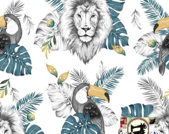 Tissu 100% Coton Premium imprimé Lion Tocan Monstera 160 cm de largeur (Laize) Certifié Oeko-tex