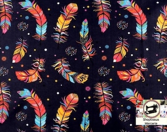 Cotton fabric with trendy Feather pattern, Navy background, from 50cm, 2 widths to choose from (80cm or 160cm width).