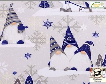 Cotton Christmas fabric, elves, Gnomes, Reindeers, Light Gray Blue, from 50cm, 2 widths to choose from (80cm or 160cm). Free delivery.