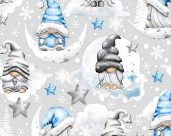 Cotton Christmas fabric, Christmas elves, Gnomes, Light gray blue, from 50cm, 2 widths to choose from (80cm or 160cm). Free delivery.