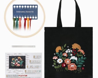 Complete embroidery kit includes floral embroidery bag Pre-printed black canvas bag + instructions + hoop + threads + needles