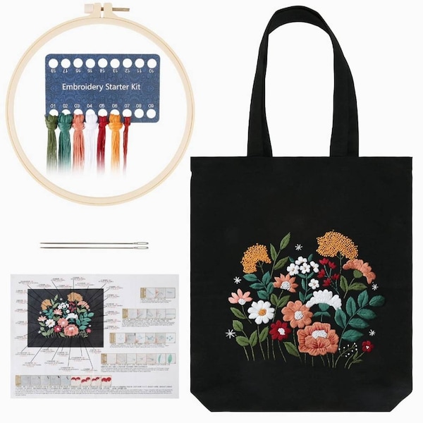 Kit de broderie Complet comprend un sac à broder motif floral Sac en toile noire pré-imprimé + instructions +cerceau+Fils+Aiguilles